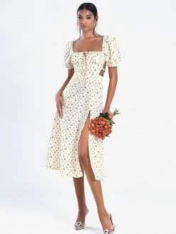 Miss Circle Umaiza Floral Puff Sleeve Backless Linen Midi Dress Dresses