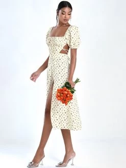 Miss Circle Umaiza Floral Puff Sleeve Backless Linen Midi Dress Dresses