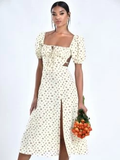Miss Circle Umaiza Floral Puff Sleeve Backless Linen Midi Dress Dresses