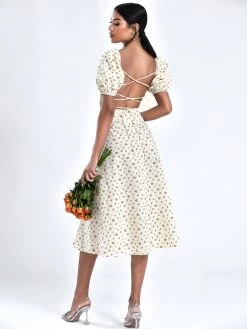 Miss Circle Umaiza Floral Puff Sleeve Backless Linen Midi Dress Dresses