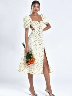 Miss Circle Umaiza Floral Puff Sleeve Backless Linen Midi Dress Dresses