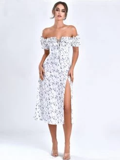 Miss Circle Quinley Floral Off Shoulder Linen Midi Dress Sale