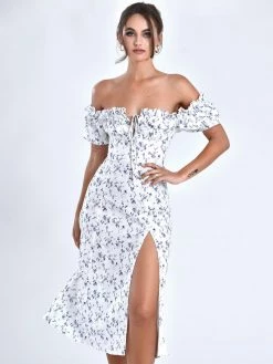 Miss Circle Quinley Floral Off Shoulder Linen Midi Dress Sale