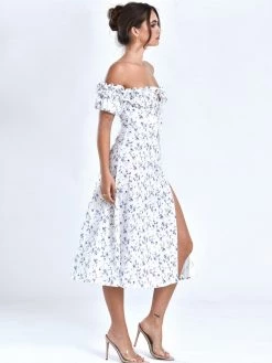 Miss Circle Quinley Floral Off Shoulder Linen Midi Dress Sale