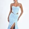 Miss Circle Mary Light Blue Floral Slit Skirt With Crystal Waist String Bottoms