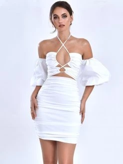 Miss Circle New In Kasey White Lace Up Halter Neck Puff Sleeve Dress