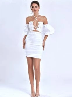 Miss Circle New In Kasey White Lace Up Halter Neck Puff Sleeve Dress