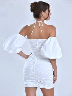 Miss Circle New In Kasey White Lace Up Halter Neck Puff Sleeve Dress