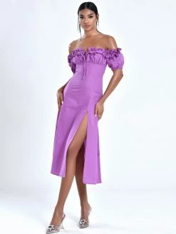 Miss Circle Quinley Lilac Off Shoulder Linen Midi Dress Sale