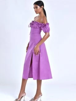 Miss Circle Quinley Lilac Off Shoulder Linen Midi Dress Sale