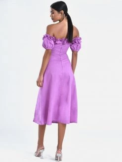Miss Circle Quinley Lilac Off Shoulder Linen Midi Dress Sale