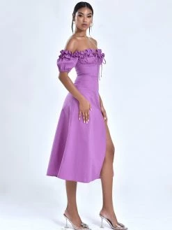 Miss Circle Quinley Lilac Off Shoulder Linen Midi Dress Sale