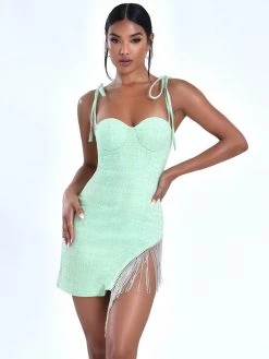 Miss Circle Rosie Green Tweed Crystal Fringe Dress