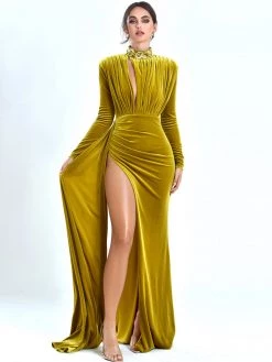 Miss Circle Zenaida Gold Cutout High Slit Velvet Gown