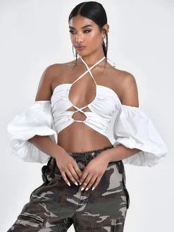 Miss Circle Romy White Lace Up Halter Neck Puff Sleeve Top New In