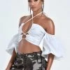 Miss Circle Romy White Lace Up Halter Neck Puff Sleeve Top New In