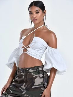 Miss Circle Romy White Lace Up Halter Neck Puff Sleeve Top New In