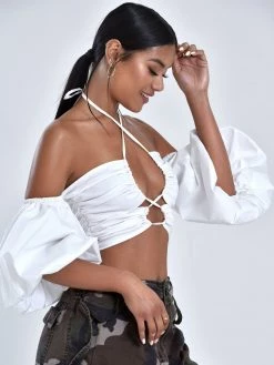 Miss Circle Romy White Lace Up Halter Neck Puff Sleeve Top New In