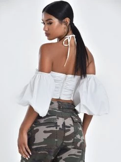 Miss Circle Romy White Lace Up Halter Neck Puff Sleeve Top New In