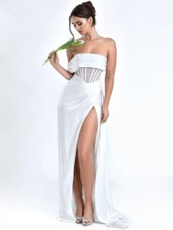 Miss Circle Rebeca White Satin High Slit Corset Gown Corsets