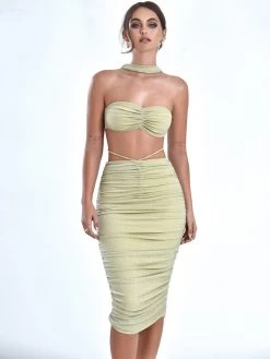 Miss Circle Xola Pale Yellow Halter Neck Metallic Jersey Top New In