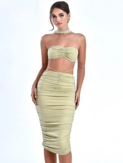 Miss Circle Xola Pale Yellow Halter Neck Metallic Jersey Top New In