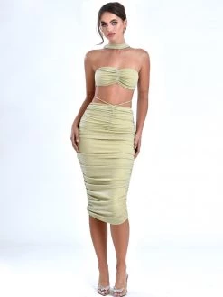 Miss Circle Xoie Pale Yellow Ruched Metallic Jersey Skirt New In