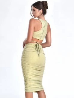 Miss Circle Xoie Pale Yellow Ruched Metallic Jersey Skirt New In