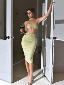 Miss Circle Xola Pale Yellow Halter Neck Metallic Jersey Top New In