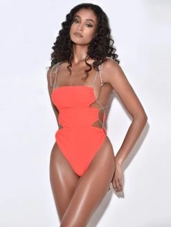 Miss Circle Beverly Orange Red Crystal Lace Up One Piece Swimsuit Swim Collection