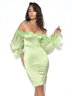 Miss Circle Sale Lydia Lime Satin Off Shoulder Puff Sleeve Dress
