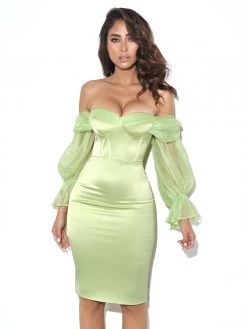 Miss Circle Sale Lydia Lime Satin Off Shoulder Puff Sleeve Dress