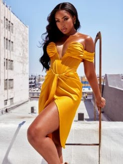 Miss Circle Corsets Dreya Gold Off Shoulder Satin Corset Dress