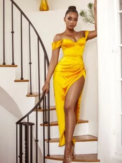 Miss Circle Zarah Yellow High Slit Corset Satin Dress