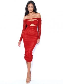 Miss Circle Terra Burgundy Mesh Off Shoulder Cutout Midi Dress Dresses