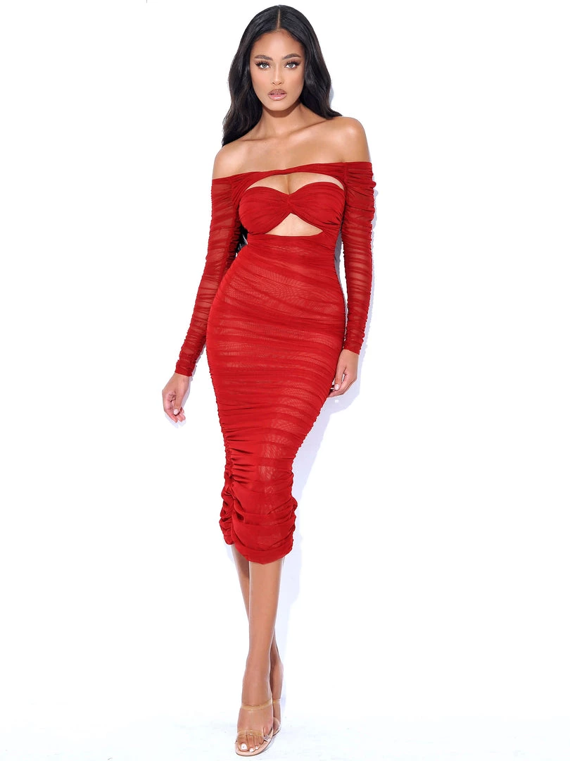 Miss Circle Terra Burgundy Mesh Off Shoulder Cutout Midi Dress Dresses