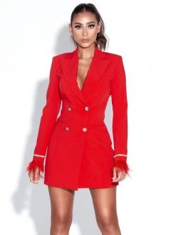 Miss Circle Quilla Red Feather Crystal Sleeve Backless Blazer Dress Dresses