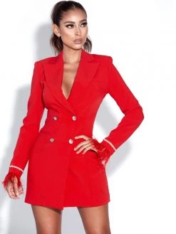Miss Circle Quilla Red Feather Crystal Sleeve Backless Blazer Dress Dresses