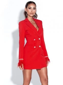Miss Circle Quilla Red Feather Crystal Sleeve Backless Blazer Dress Dresses