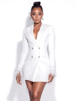 Miss Circle Quilla White Feather Crystal Sleeve Backless Blazer Dress Dresses