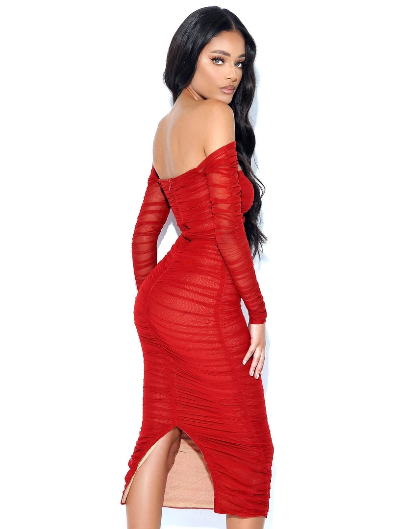 Miss Circle Terra Burgundy Mesh Off Shoulder Cutout Midi Dress Dresses