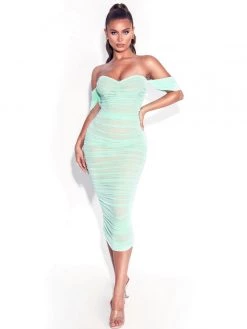 Miss Circle Quenby Teal Off Shoulder Mesh Maxi Dress