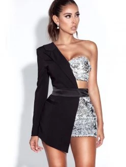 Miss Circle New In Skylynn Sequin Black One Sleeve Blazer Romper