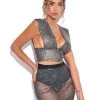 Miss Circle Best Sellers Rhinestone Eyes Fishnet Crystal Deep V Crop Top