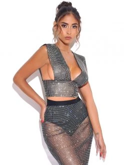 Miss Circle Best Sellers Rhinestone Eyes Fishnet Crystal Deep V Crop Top