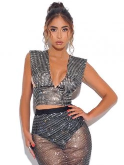 Miss Circle Best Sellers Rhinestone Eyes Fishnet Crystal Deep V Crop Top