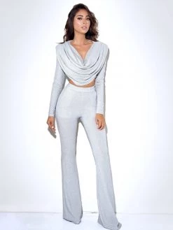 Miss Circle Bottoms Xiara Silver Glitter Flare Trousers