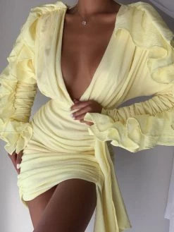 Miss Circle Dresses Samara Yellow Draping Ruffle Sleeve Dress