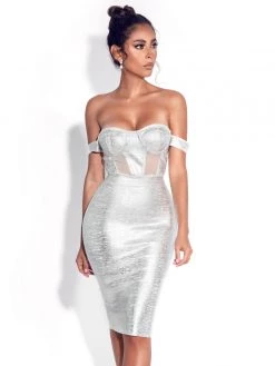 Miss Circle Best Sellers Irreplaceable Off Shoulder Silver Metallic Bandage Dress