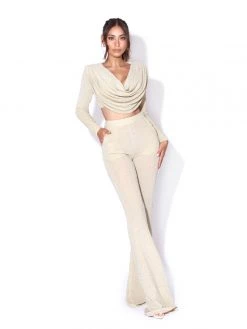 Miss Circle Xiara Pale Yellow Glitter Flare Trousers